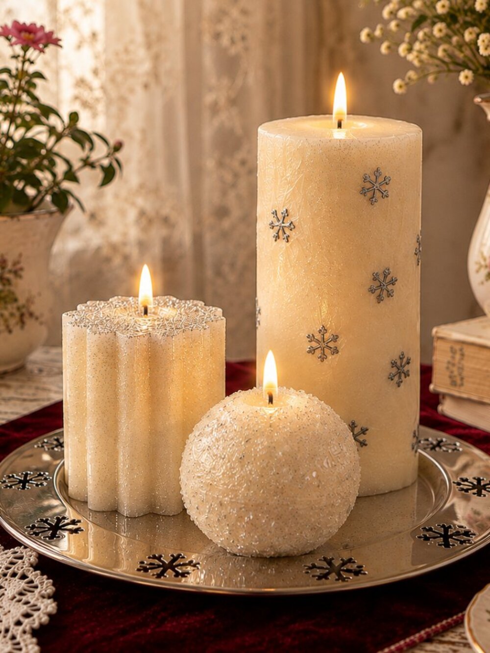Avon Elegant Snowflake Candle Garden Silverplated Tray 3 Candle Set NIB